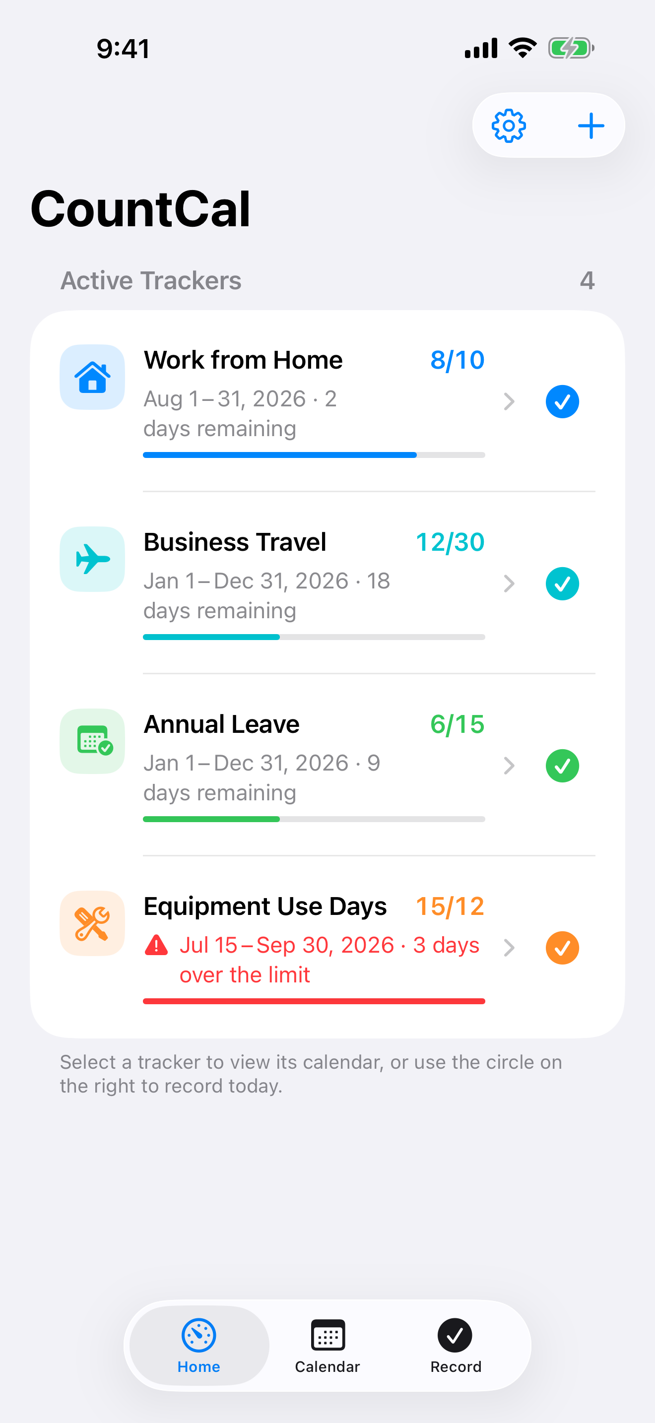 CountCal home screen showing work from home, business travel, annual leave, and equipment-use trackers.