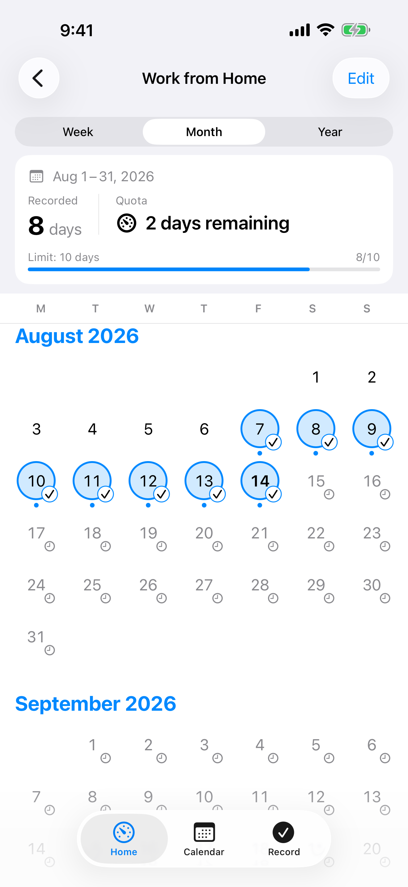 CountCal calendar showing recorded work-from-home days and a monthly allowance.