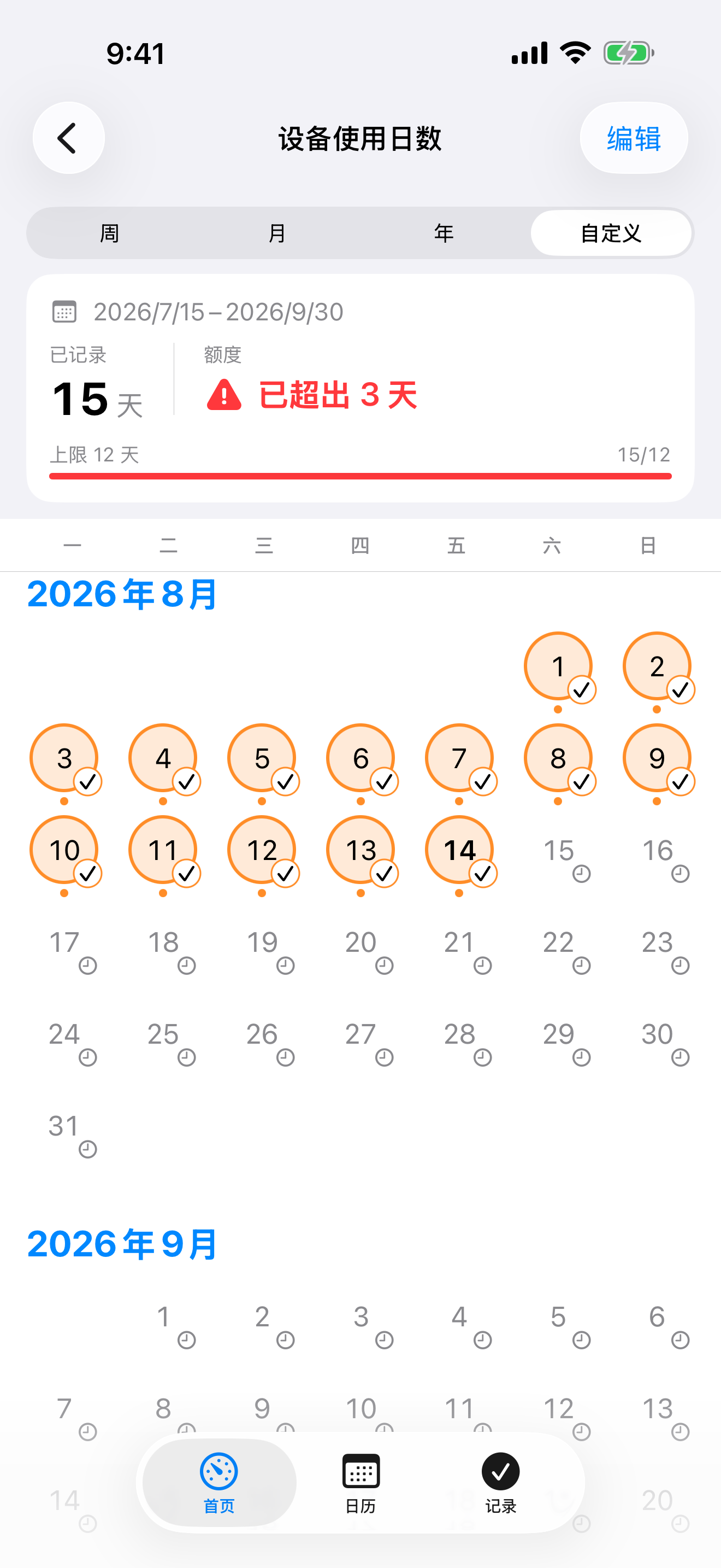 点历设备使用自定义周期,显示已选日期和超额天数。
